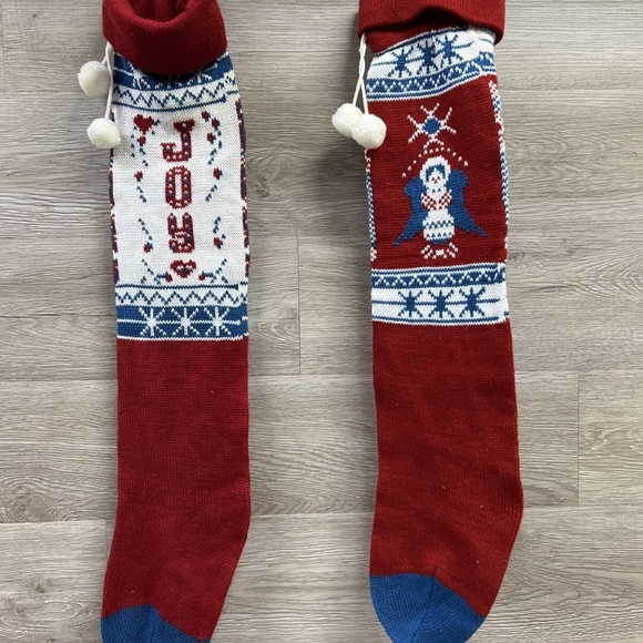Two Red White Blue Christmas STOCKING Knitted Angels Joy Long Cute! - Picture 1 of 11